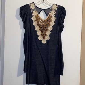 Denim long sleeve dress w/ brown Embroidery
